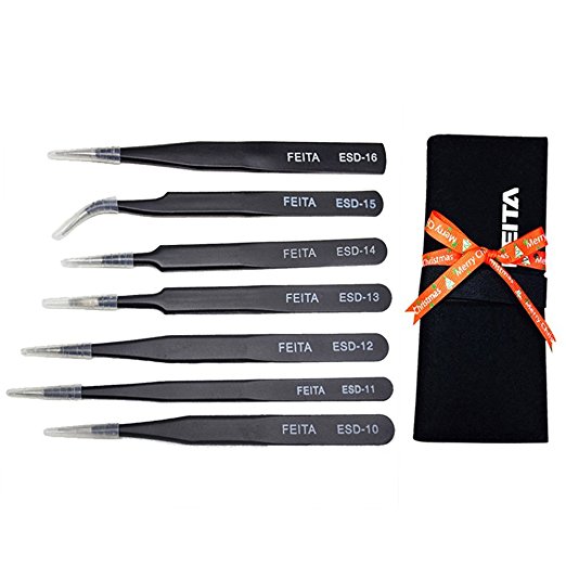 FEITA 7PCS ESD Safe Anti-Static Stainless Steel Tweezers with Carrying Bag for Industrial,Electronics,Lab,Crafts