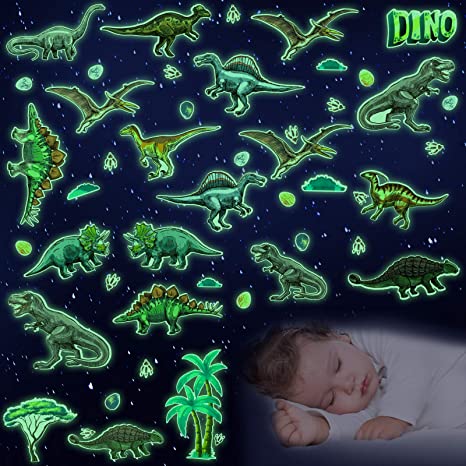 114 Pieces Dinosaur Wall Decals Glow in The Dark Dinosaur Wall Stickers Removable Dinosaur Wall Decor Dinosaur Wall Mural for Kids Nursery Living Room Classroom Birthday Decoration (Green Glow)