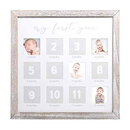 Pearhead Rustic Baby First Year Square Picture Frame, Woodland Nursery, Baby Shower Gift, Distressed