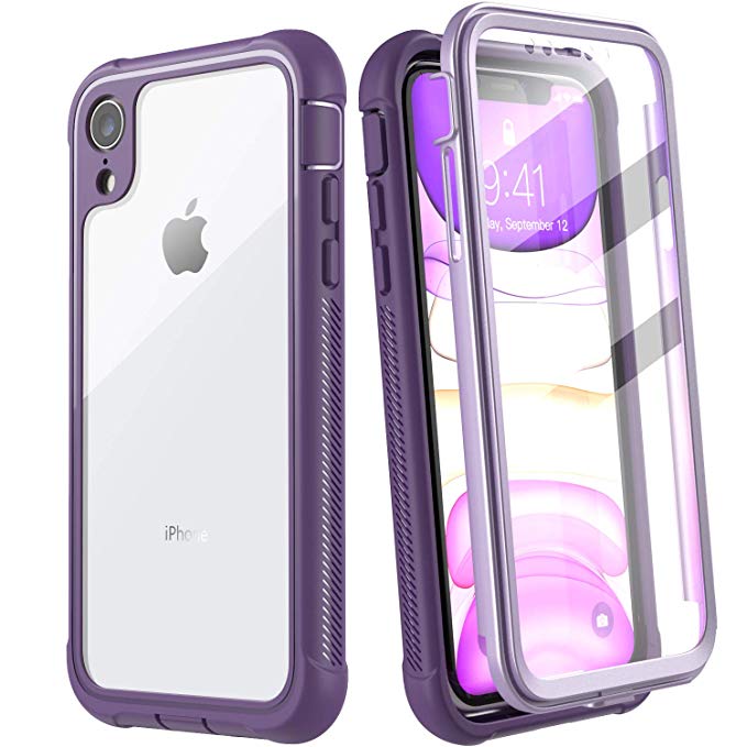 Case for iPhone XR,EONFINE Full-Body Heavy Duty Protection with Built-in Screen Protector Rugged Armor Cover Clear Shockproof Case for iPhone XR 6.1 Inch 2018 (Purple)