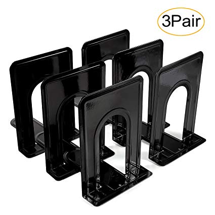 Metal Bookend, Economy Universal Nonskid Heavy Duty Bookends for Shelves Office Black 6.69 x 4.9 x 4.3in,3 Pair/6 Piece