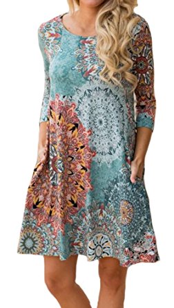 ETCYY Women's Long Sleeve Floral Printed Casual Swing T-Shirt Dress With Pockets