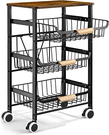 Kitchen Storage Rolling Cart on Wheels, 4 Tier Metal Rolling Utility Cart Mesh Basket Pantry Cart Rack with Wooden Tabletop for Fruit Vegetable Onion Potato Storage