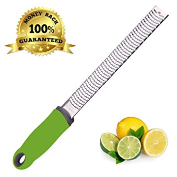 Zulay Lemon Zester - Stainless Steel Grater for Cheese, Ginger, Chocolate, Cinnamon, Citrus, Limes with Plastic Cover, Long Ergonomic Handle and Rubber Base, Green