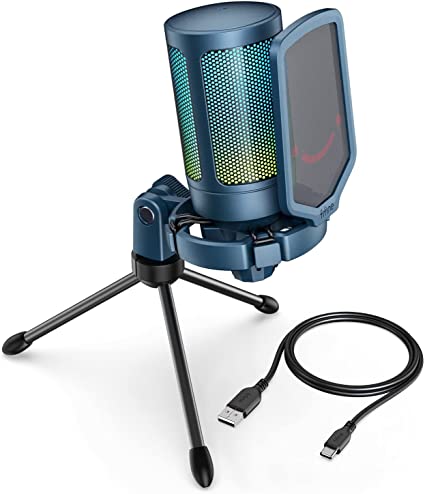 Gaming Streaming USB PC Microphone for Mac OS/Windows, AmpliGame Condenser Cardioid Mic with RGB for Video Vocal Recording Twitch Discord, Gamer Computer Mic-Blue