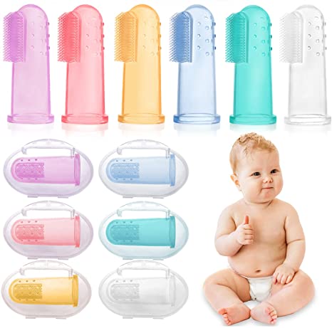 HBselect Baby Finger Toothbrush, 6 Pack Soft Safe Silicone Oral Massage Teething Toothbrush for Baby Girl Boy Unisex with Storage Case