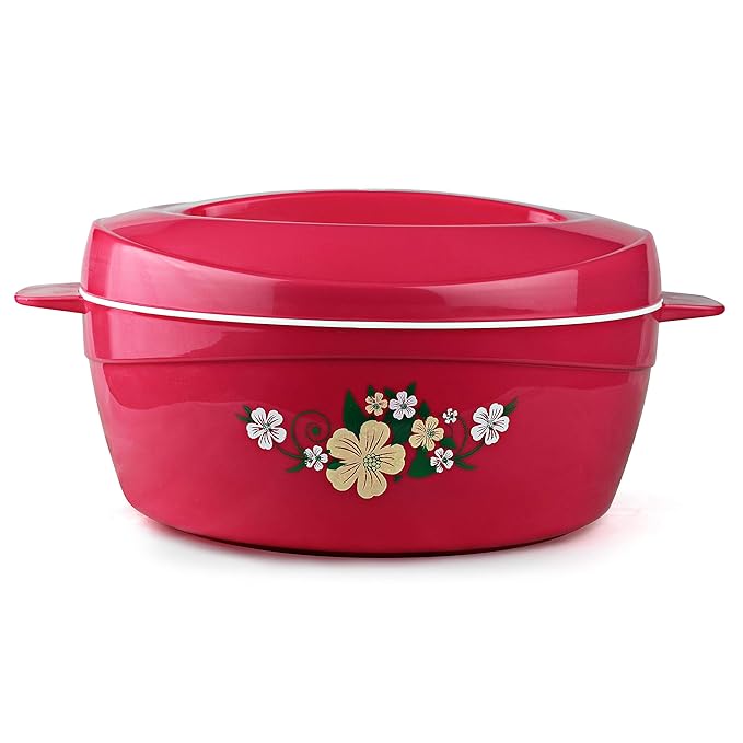 Cello Roti Plus Plastic Floral Casserole with Lid | Locks in the cold & heat for long | Casserole with drip tray | Easy grip lid to open and close | 2 L, Pink