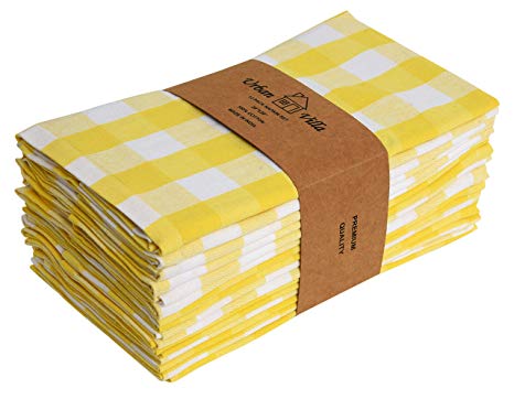 Cloth Napkins - Premium Quality,Buffalo Check Plaid- Dinner Napkins, 100% Cotton, Set of 12,Size 20X20 Inch,Yellow/White Oversized Cloth Napkins with Mitered Corners,Ultra Soft, Durable Hotel Quality