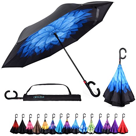 Auto Open Reverse Folding Umbrella for Rain, Sun & Car with Carrying Case - Windproof & UV Protection Umbrellas for Women and Men, C Hook Handle for Travel, Golf & Sports