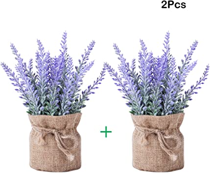 2 Piece Burlap Potted Lavender Flowers - Artificial Fake Flower and Plant Flocked Charming Purple for Warm and Loving Home or Venue Decor (Purple)