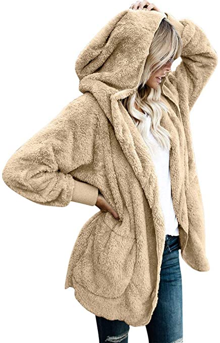 Womens Fuzzy Jacket Sherpa Coat Open Front Hooded Cardigan Outwear with Pockets