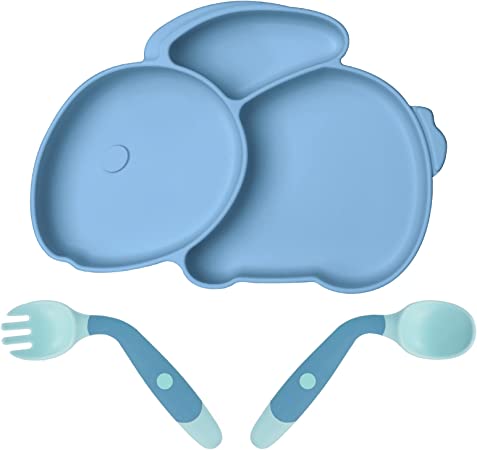 Vicloon Toddler Plates with Suction, Toddler Plates with Spoon & Fork, 100% Food-Grade Silicone Divided Design, Non-Slip, Microwave and Dishwasher Safe