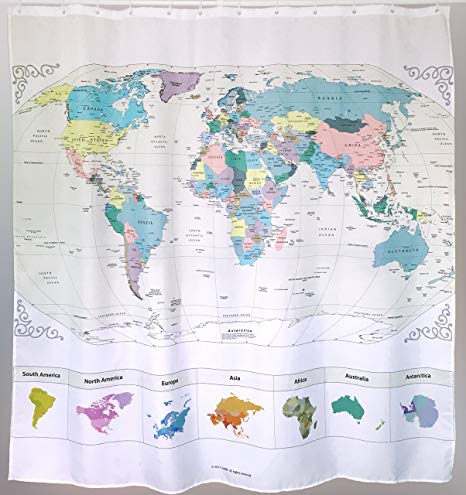 NEW! Map of the World Shower Curtain with Detailed Major Cities. PVC Free, Non-toxic and Odorless Water Repellent Fabric. Large Home DÃ©cor. 71'x71' Wall Map.