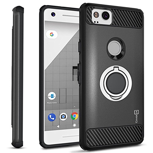 Google Pixel 2 Case with Ring, CoverON RingCase Series Protective Phone Case with Carbon Fiber Accents and Finger Ring Grip - Black