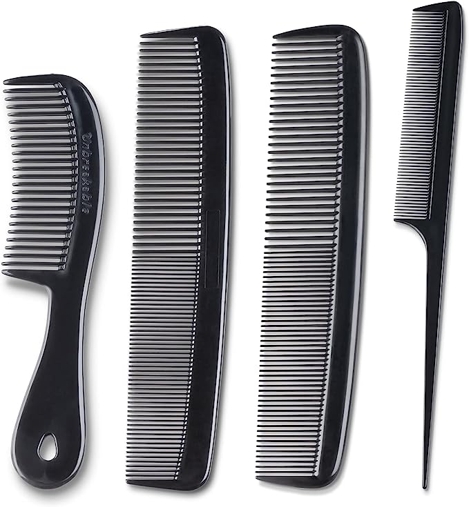 Mars Wellness 4 Piece Professional Comb Set Black - USA MADE - Fine Pro Tail Combs, Dresser Hair Comb Styling Comb - Premium Grade for Men and Women - Parting Teasing and Styling