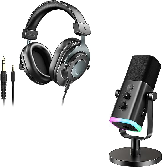 FIFINE XLR/USB Microphone and Studio Monitor Headphones, Computer Recording Mic with Mute Button, RGB, Over Ear Wired Headset for YouTube Podcasting Streaming Gaming (AM8 H8)