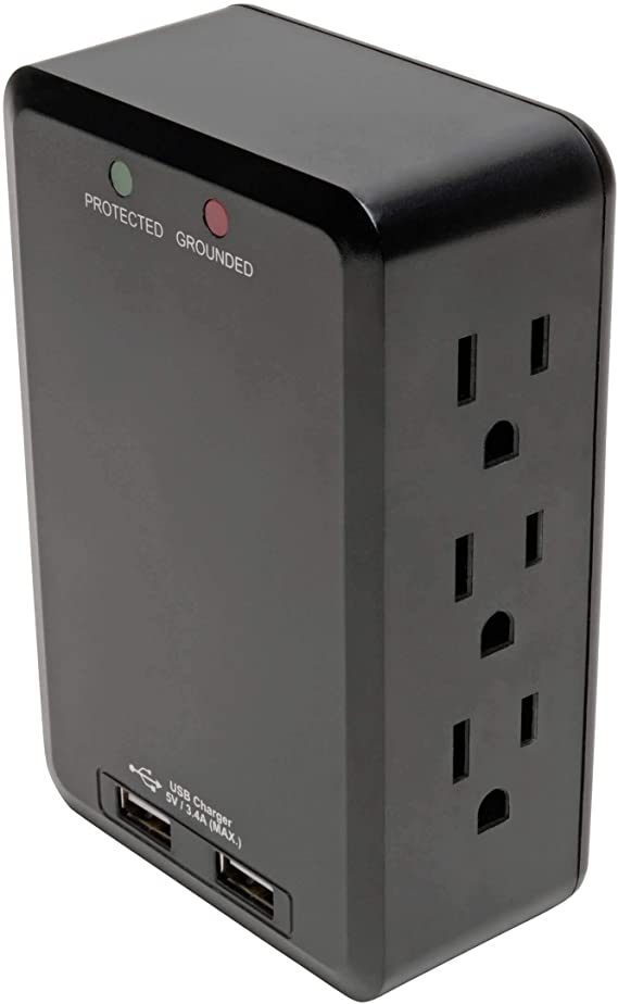 Tripp Lite 6 Outlet Surge Protector with USB Ports, Direct Plug-in Wall Outlet Surge Protector, 1050 Joules, 2 USB, Black, 20, 000 Insurance (TLP6SLUSBB)