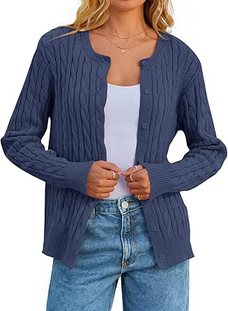 MEROKEETY Women's Cable Knit Open Front Cardigan Sweaters Fall Long Sleeve Button Down Soft Outwear