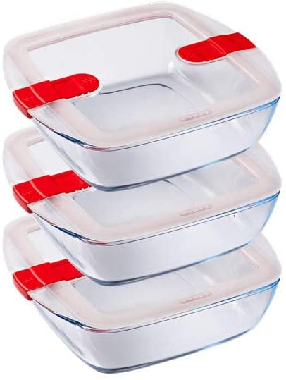 Pyrex Cook and Heat Cook & Heat Set of 3 Square Glass Food Containers with Airtight Lids for Microwaves