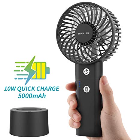 OPOLAR 2019 New Battery Operated Handheld Personal Fan with Base, 10W Quick Charge Small Portable Fan with 5000mAh Power Bank, 5-18H Work Time, Strong Airflow,3 Speed Quiet Fan for Travel Sightseeing