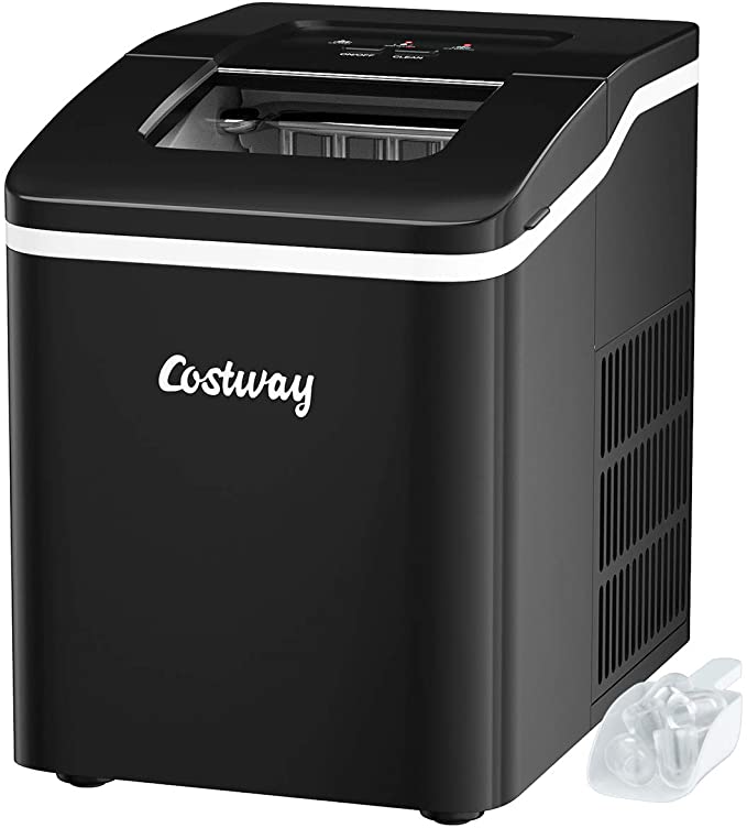 COSTWAY Ice Maker for Countertop, Bullet Ice Cubes Ready in 8 Mins, 26LBS/24H portable Ice Machine with Self-cleaning Function, Scoop and Removable Basket for Home, Office, Party and Bar (Black)