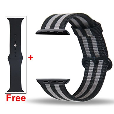 Free Silicone Band,Inteny Apple Watch Band Series 1 Series 2 007 Style Colorful Pattern Woven Nylon Band Replacement Wrist Bracelet Strap Buckle for iWatch,42mm,Gray Black Stripes