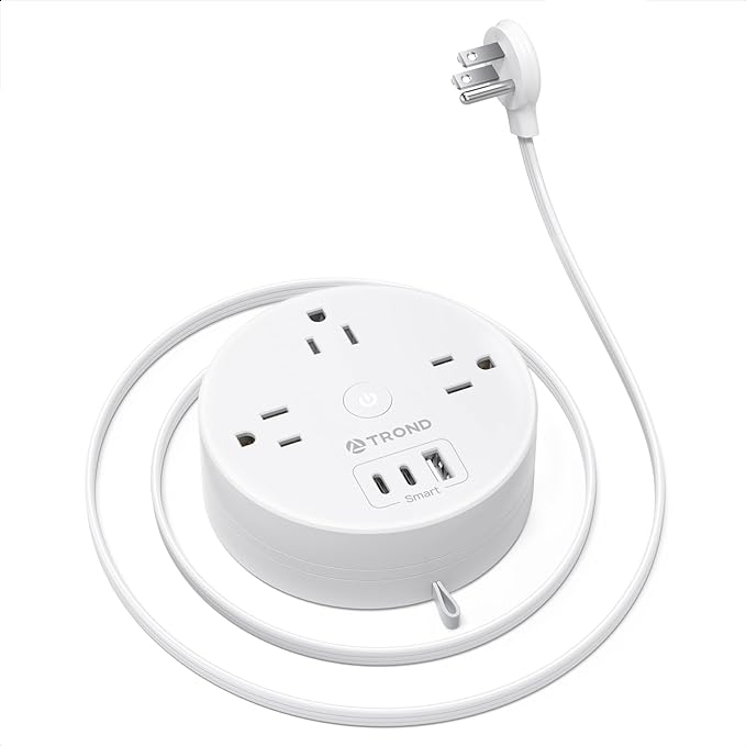 TROND Flat Plug Power Strip - Extension Cord 10FT Partially-Retractable, Power Strip with 3 AC Outlets 3 USB Ports (2 USB C), Cruise Ship Essentials, Desktop Charging Station for Home, Hotel, Dorm