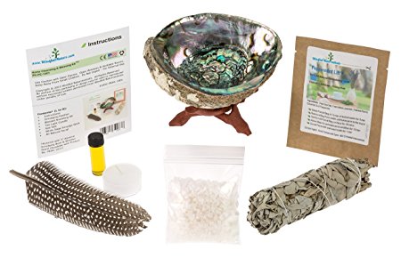 Home Cleansing & Blessing Kit TM with Abalone Smudging Bowl & Wooden Stand -:- California White Sage Smudge Stick   Smudging Feather   Blessed Anointing Oil   Tea Light Candle   Coarse Grain Sea Salt