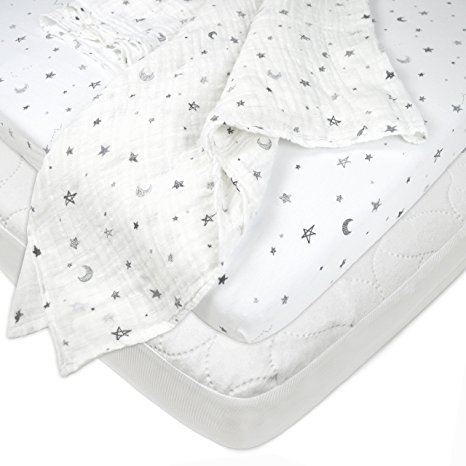 American Baby Company Playard Bundle, Mattress Pad Cover, Fitted Sheet, Muslin Swaddle Blanket, Grey Stars and Moon