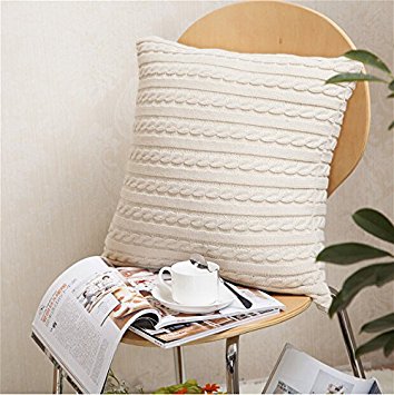 100% Cotton Knitted Decorative Square Warm Throw Pillow Cover / Cushion Cover (18x18inches(45x45cm), Beige)
