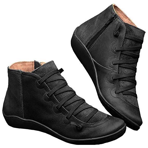 2019 New Women’s Arch Support Boots with Side Zipper Vintage Leather Ankle Boots Comfortable Damping Shoes Flat Heel Booties