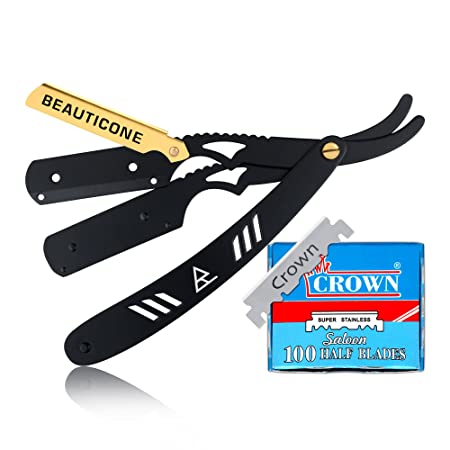 BEAUTICONE Straight Razor for Men, Professional Gold Plated Barber Razor with 100 Single Edge Blades, Straight Edge Single Blade Razors for Men