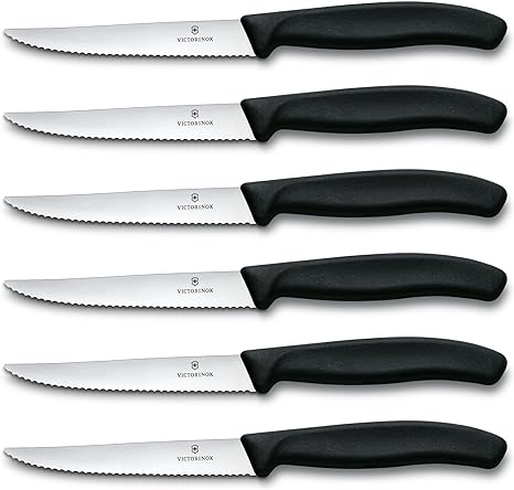 Victorinox Swiss Classic Steak Knives - Cooking Knives for Kitchen Utensils - Ergonomic, Stainless Steel Meat Knives - Black Handles, Serrated Edge, 6-Piece Set