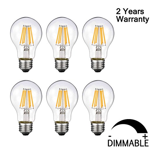 Vintage Edison LED Bulb, Dimmable 6W A19 Antique LED Bulb, 60 Watt Equivalent For Ceiling Fan and Pendant Lighting, E26 Clear Glass Cover, Soft Warm White 2700k, 550LM, Pack of 6(2 Year Warranty)