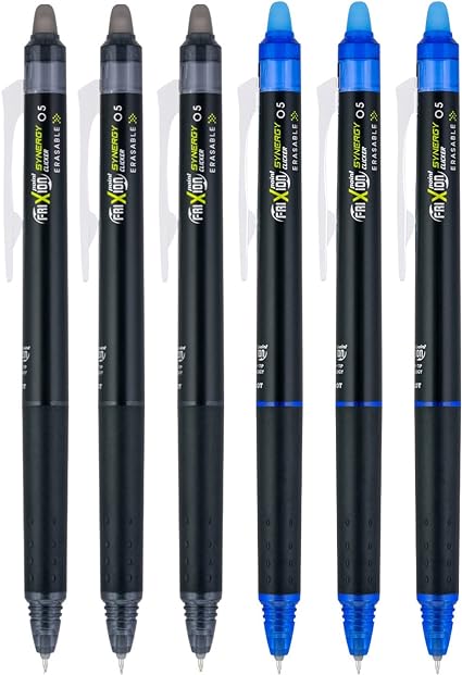 PILOT FriXion Synergy Clicker Retractable & Erasable Gel Ink Pens, 0.5mm Extra Fine Point, 6-pack (Black/Blue)