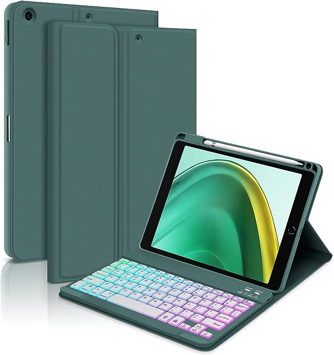 GOOJODOQ 7 Colors Backlit Keyboard Case for iPad 9th/8th/7th Gen 10.2" -iPad Keyboard Case with Pencil Holder- Detachable Keyboard Slim Leather Folio with Anti-Scratch and Fingerprint-Proof-DarkGreen