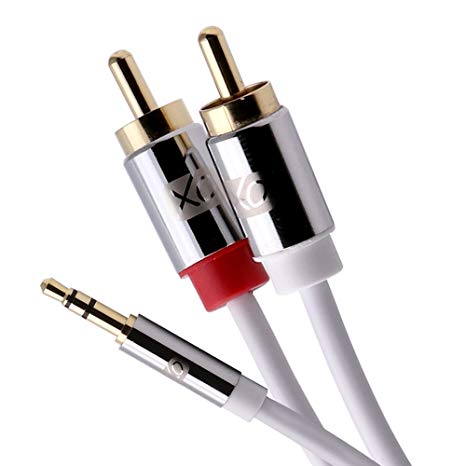XO 3.5mm Male to 2 x RCA male Stereo Audio Cable - 3.5 jack to RCA Male to Male lead - 1m, White - Gold plated connectors