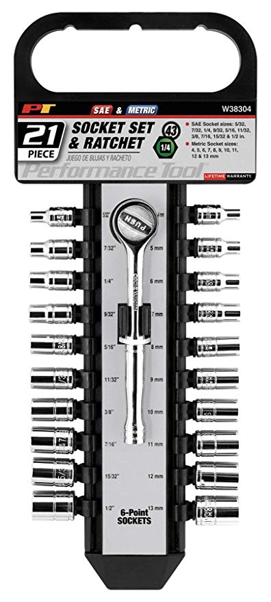 Performance Tool W38304 21 Piece 1/4" Drive SAE And Metric 6 Point Socket Set With Ratchet