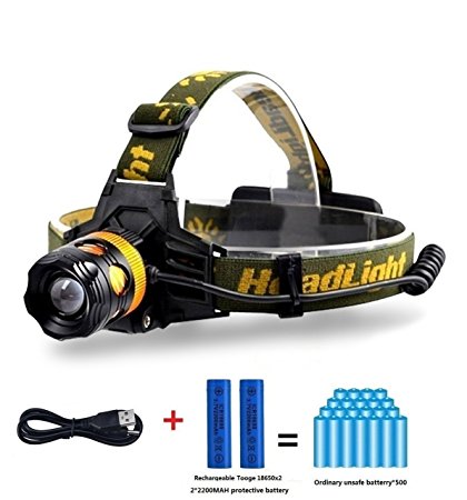 Waterproof LED Head Torch Adjustable Camping Light, TOOGE T6 Zoomable Headlamp with 3 Modes, 2*2200mAh 18650 Rechargeabel Battery Included, Support 30 Hours Continue Flash