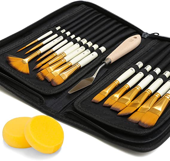 DUGATO Artist Paint Brush Set 15pcs Includes Pop-up Carrying Case with Free Palette Knife and 2 Sponges for Acrylic, Oil, Watercolor, Art, Scale Model, Face, Paint by Numbers for Adults
