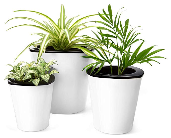 Mkono Self Watering Planters White Plastic Flower Pots for Indoor Plant M, Set of 3