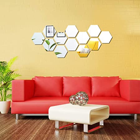 KISSBUTY Mirror Wall Stickers, 12 Pcs 11.8cm Hexagon Mirror Wall Decals Crystal Acrylic Removable Mirror Wall Stickers Wall Decoration Murals for Home Living Room Bedroom Decor,Small