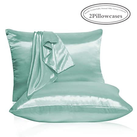 Leccod 2 Pack Shinny Silk Pillowcase with Hidden Zipper, Super Soft and Luxury Satin Pillow Cases Covers for Hair and Skin (Upgrade Zipper Spa Green, Standard: 20x26)