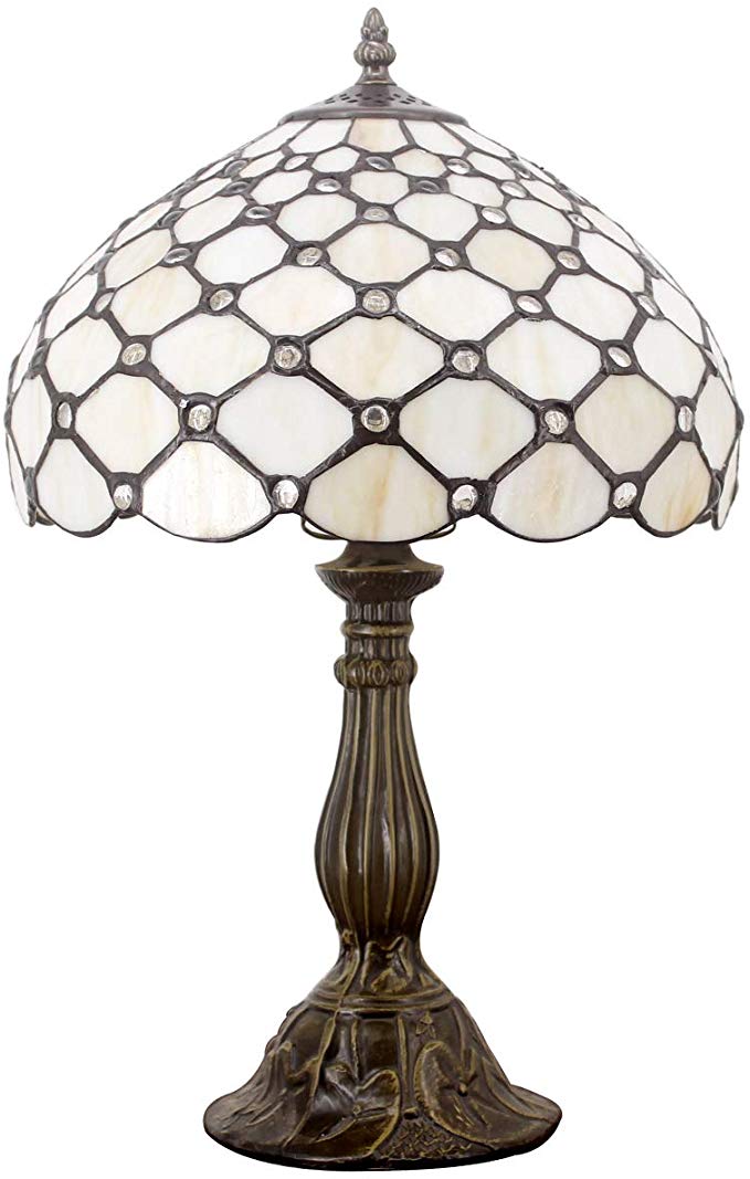 Tiffany Lamp Cream Stained Glass and Crystal Pearl Bead Style Table Lamps Height 18 Inch for Kids Room Living Room Bedroom Antique Desk Dresser Beside Coffee Table Bookcase S005 WERFACTORY
