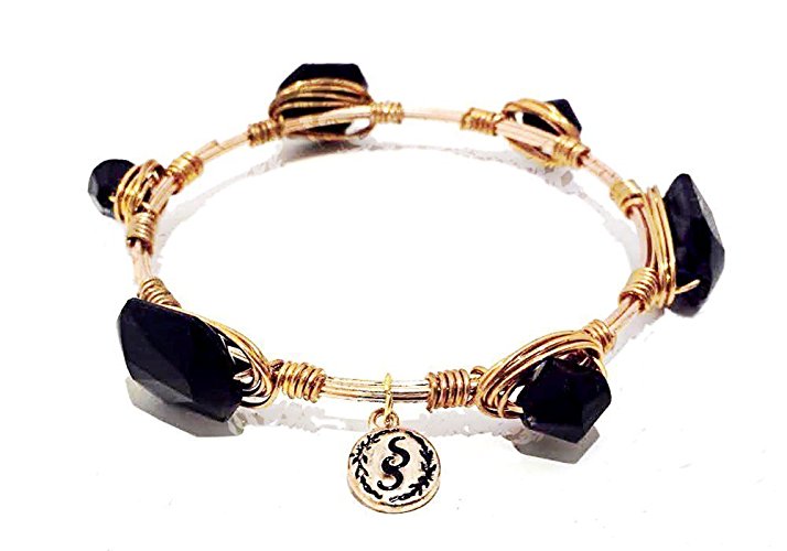 Gold Wire Wrap Single Stacking Bangle Jet Black Crystal Bracelet for Women