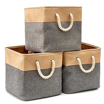 Collapsible Storage Bin Cube Basket [3-Pack] EZOWare Foldable Canvas Fabric Tweed Storage Bin Set With Handles For Home Office Closet (13 x 13 x 13 inches) (Gray)