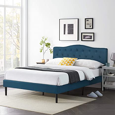 VECELO Classic Upholstered Platform Bed Diamond Stitched Cloth Panel Headboard/Mattress Foundation/Easy Assembly/Strong Slat Support Full,Blue