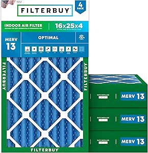 Filterbuy 16x25x4 Air Filter MERV 13 Optimal Defense (4-Pack), Pleated HVAC AC Furnace Air Filters Replacement (Actual Size: 15.50 x 24.50 x 3.63 Inches)