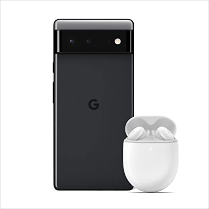 Google Pixel 6 - Unlocked Android 5G Smartphone 128 GB, Stormy Black   Pixel Buds A-Series Wireless Earbuds, Clearly White