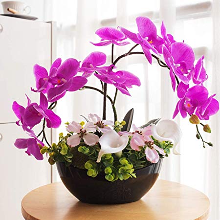 YILIYAJIA Artificial Orchid Bonsai Fake Flowers with Vase Arrangement 7 Head Waterproof PU Phalaenopsis Bonsai for Home Table Decor (Style 4, Black Vase)